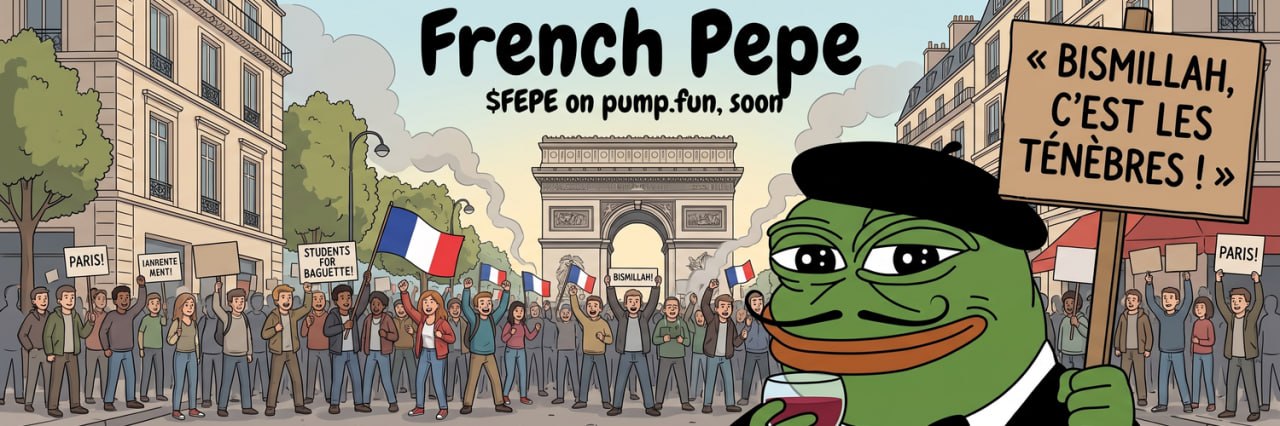 French Pepe raising a glass of wine in front of a protest crowd at the Arc de Triomphe
