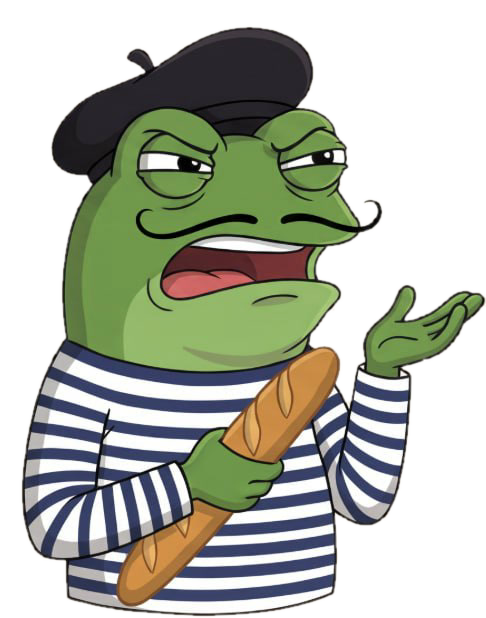 Fepe with a moustache ranting and holding a baguette