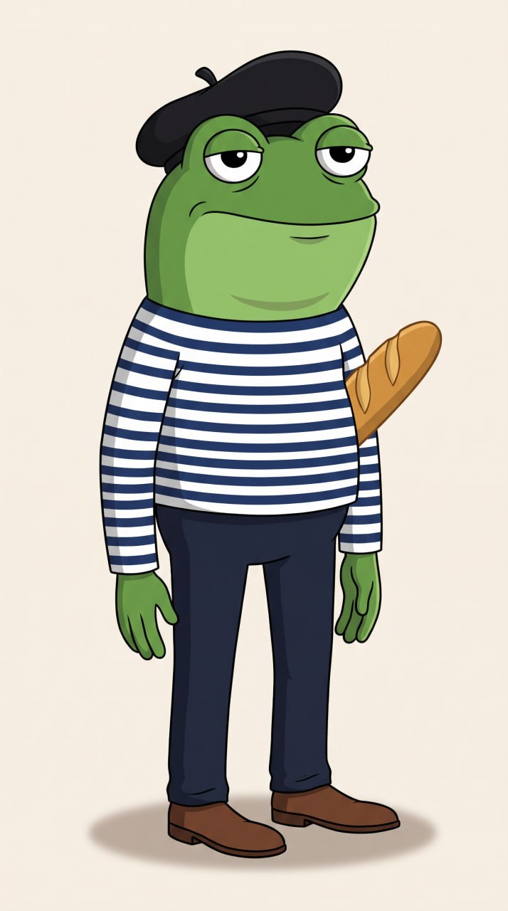 Fepe the French frog in a striped shirt and beret, holding a baguette